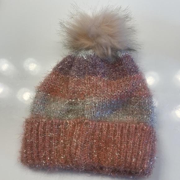 NWT Children’s Place pink multicolored striped tinsel toboggan with furry pompom - Picture 4 of 7